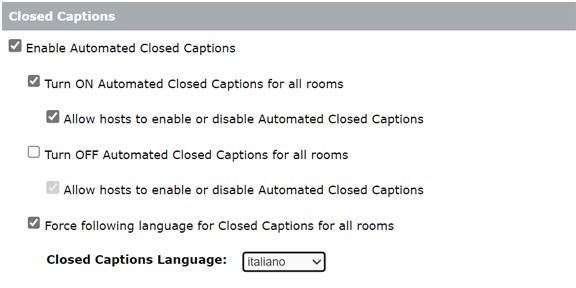 Closed caption settings in Connect Central