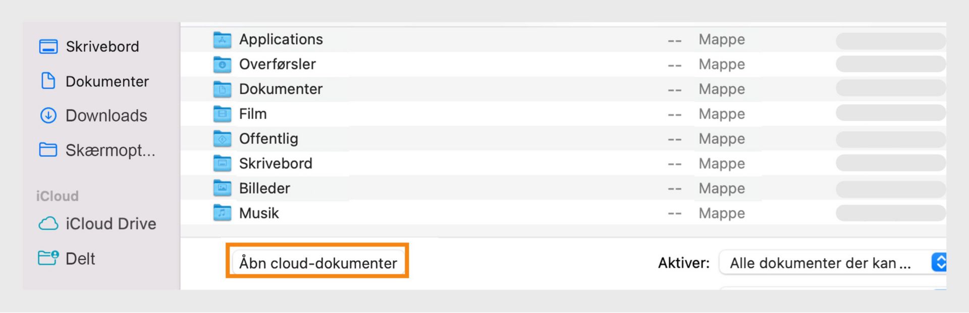 Du får adgang til cloud-dokumenter ved at vælge indstillingen "Åbn cloud-dokumenter" i filbrowservinduet.