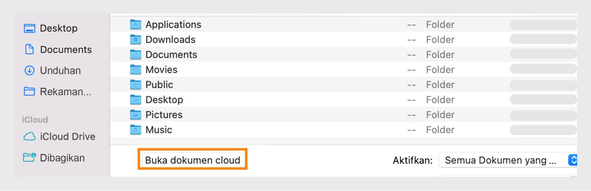Akses dokumen cloud dengan memilih opsi "Buka dokumen cloud" di jendela browser file.