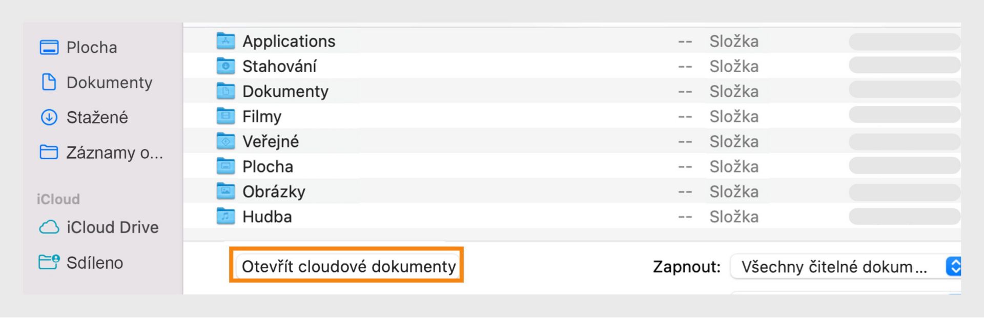 Přistupujte ke cloudovým dokumentům výběrem možnosti "Otevřít cloudové dokumenty" v okně prohlížeče souborů.