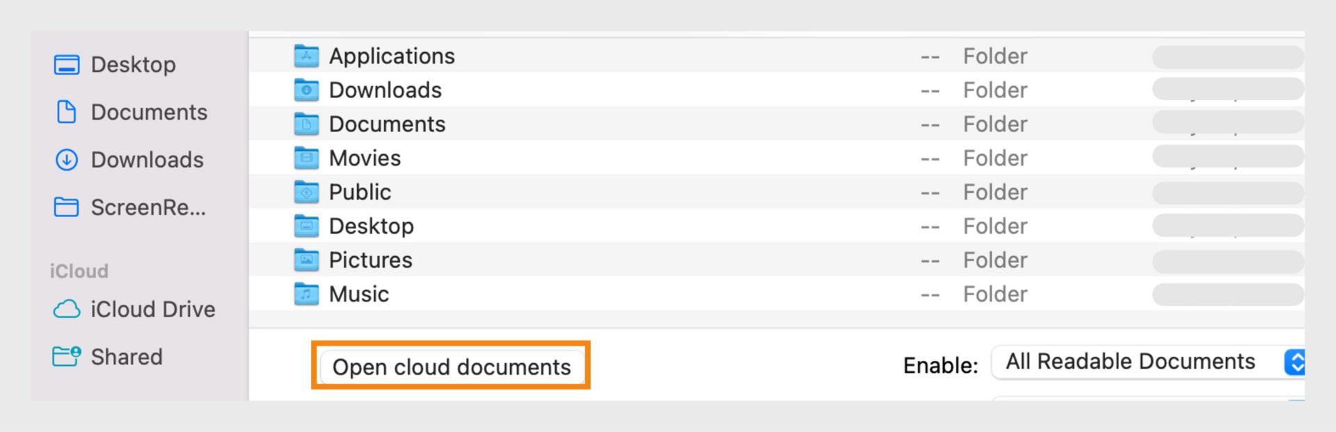 Accesați documente cloud selectând opțiunea „Deschidere documentele cloud” în fereastra browserului de fișiere.