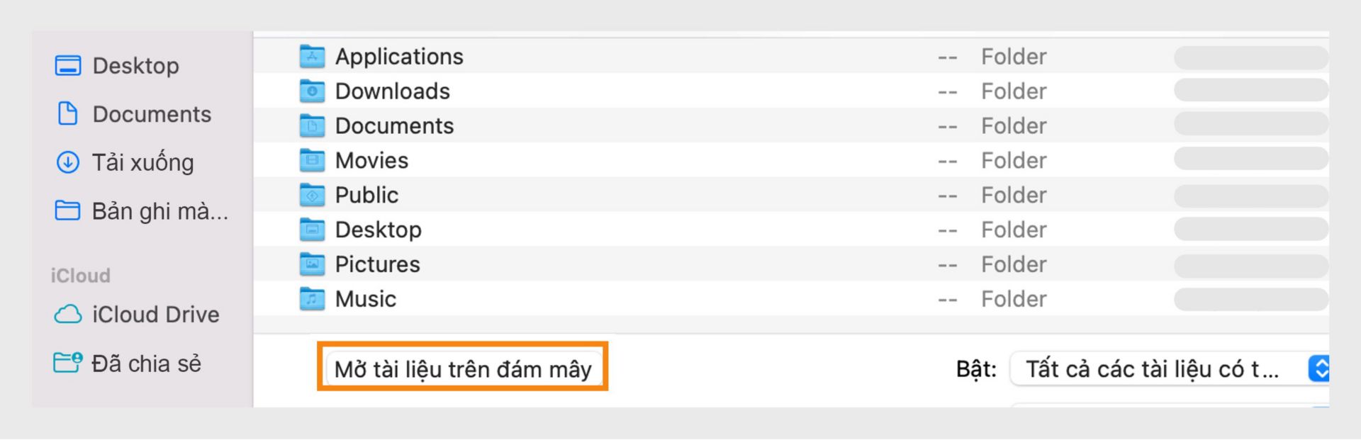 Truy cập tài liệu đám mây bằng cách chọn tùy chọn “Mở tài liệu đám mây” trong cửa sổ trình duyệt tập tin.