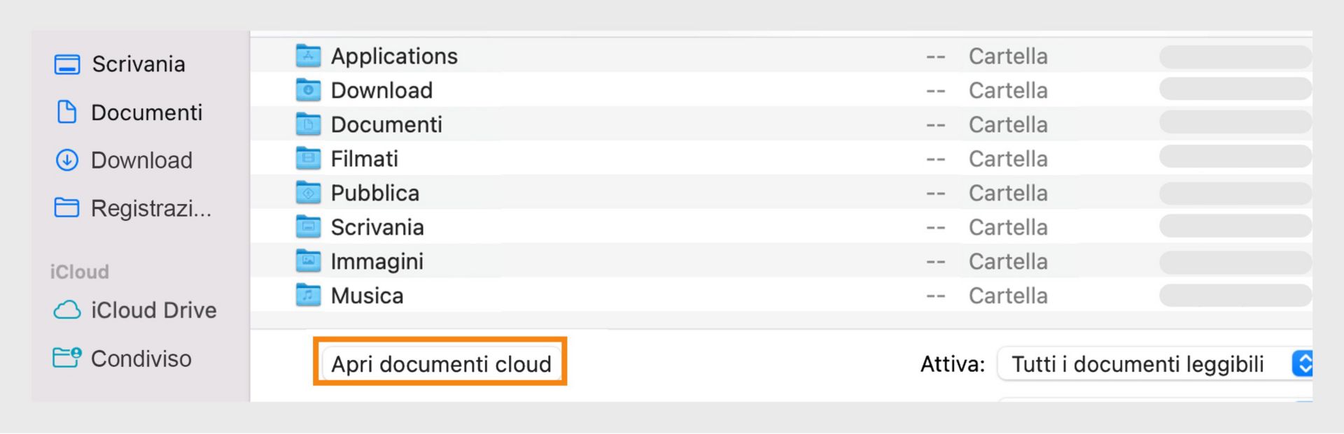 Accedi ai documenti cloud selezionando l'opzione "Apri documenti cloud" nella finestra del browser dei file.