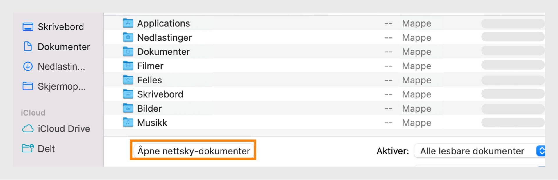 Få tilgang til nettskydokumenter ved å velge alternativet "Åpne nettskydokumenter" i filutforskeren.