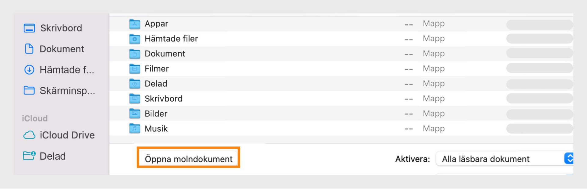 Få åtkomst till molndokument genom att välja alternativet "Öppna molndokument" i filbläddrarfönstret.