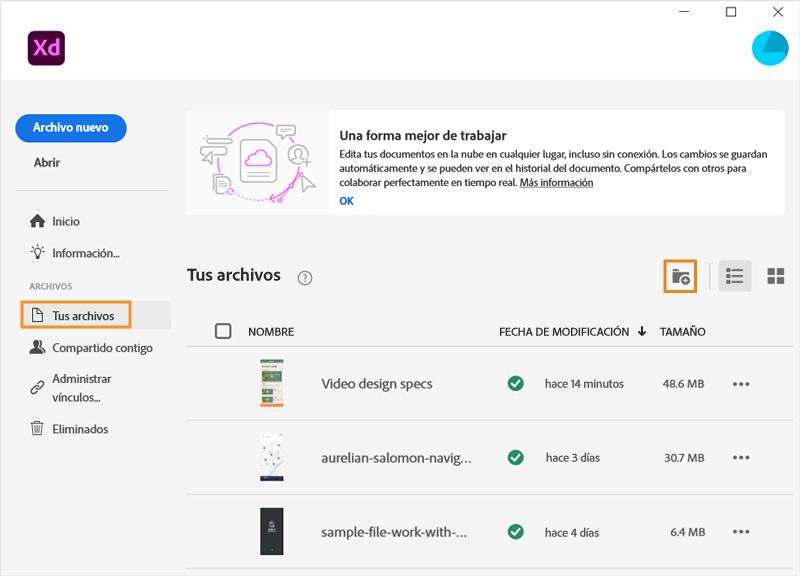 Pantalla de inicio de XD