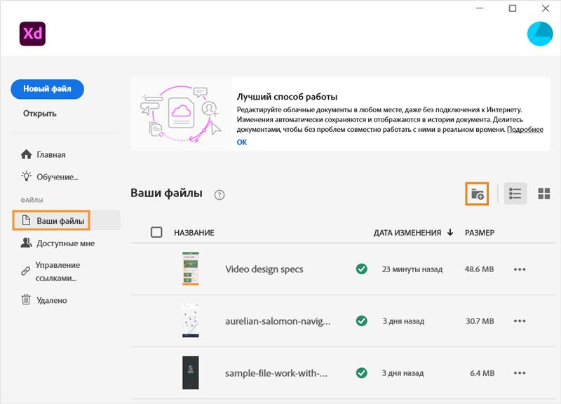 Главный экран приложения XD