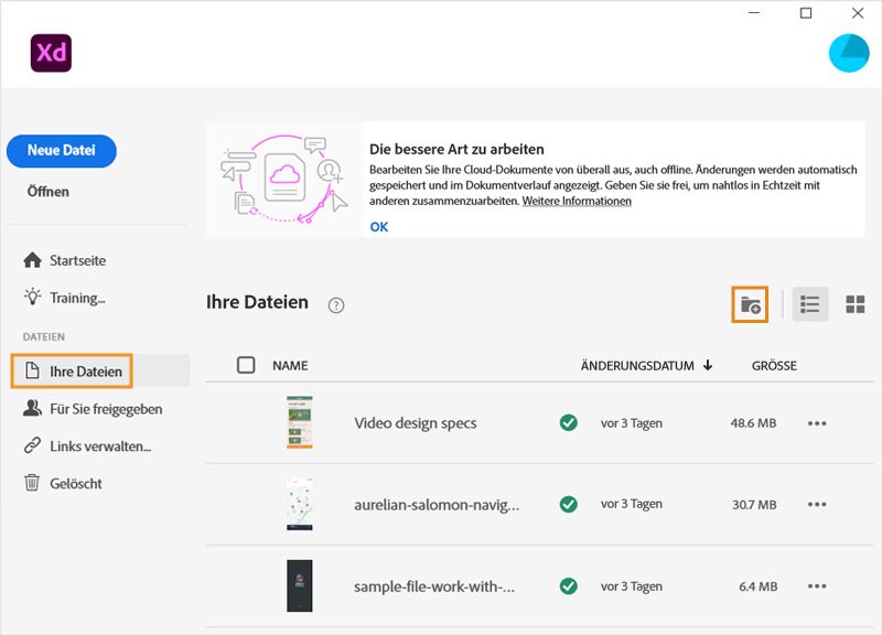 Startbildschirm von XD