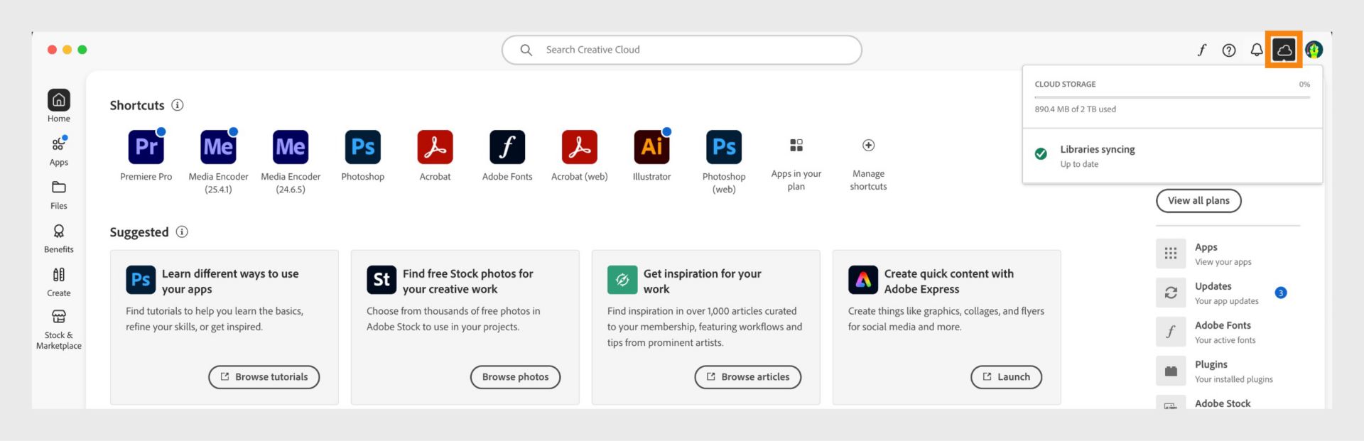 Le graphique de progression de l’espace de stockage affiche les détails de votre stockage lorsque vous sélectionnez l’icône d’activité Cloud dans le coin supérieur gauche de l’application de bureau Creative Cloud.
