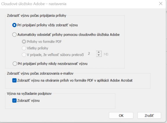 Nastavenia služby Adobe Document Cloud
