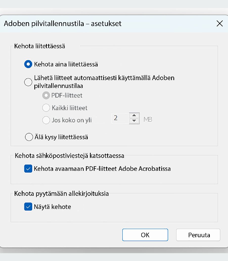 Adobe Document Cloudin asetukset