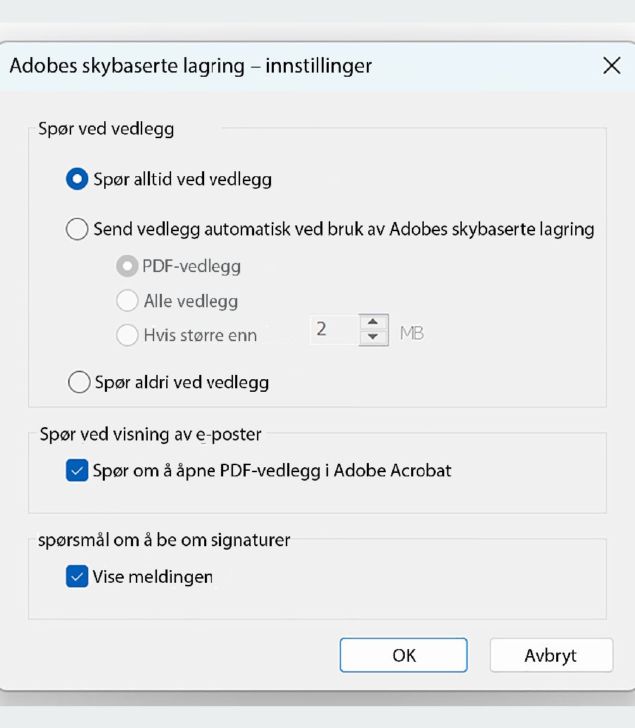 Innstillinger for Adobe Document Cloud