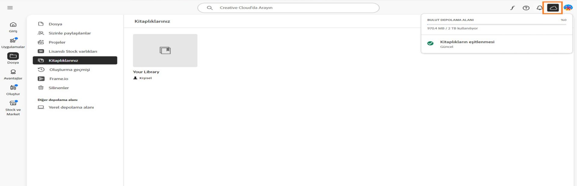 Bulut depolama alanı ilerleme grafiğinde, Creative Cloud masaüstü uygulamasında sol üst köşedeki Bulut etkinliği simgesini seçtiğinizde depolama alanı ayrıntılarınız görüntülenir.