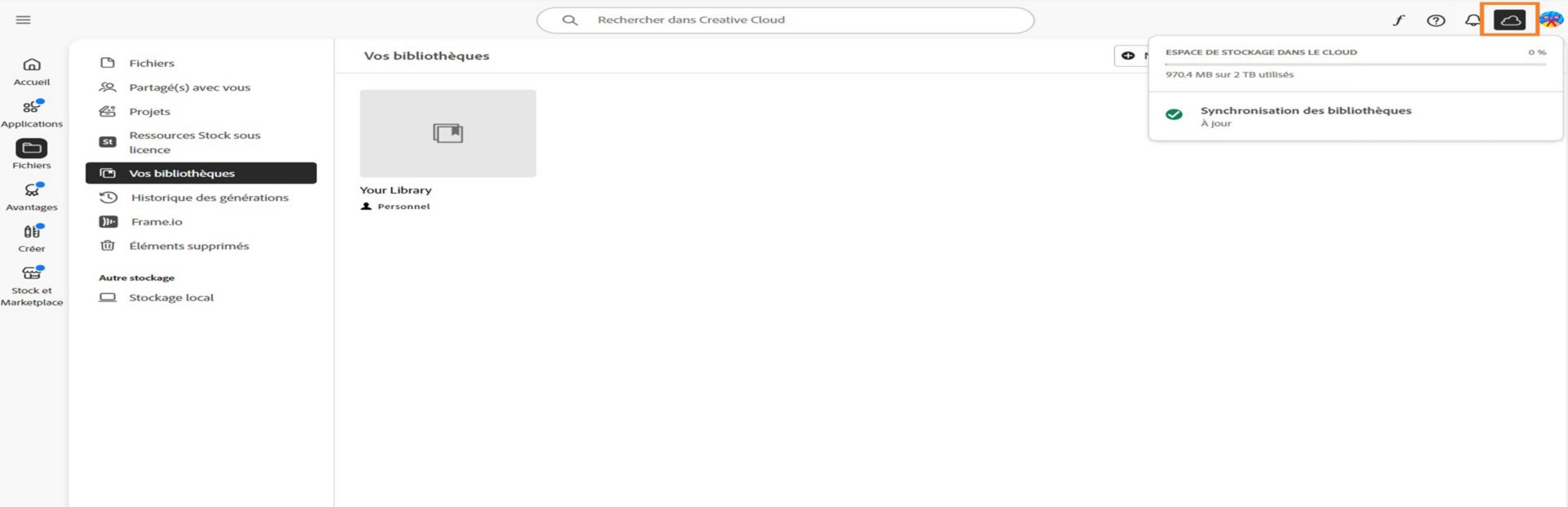 Le graphique de progression de l’espace de stockage affiche les détails de votre stockage lorsque vous sélectionnez l’icône d’activité Cloud dans le coin supérieur gauche de l’application de bureau Creative Cloud.