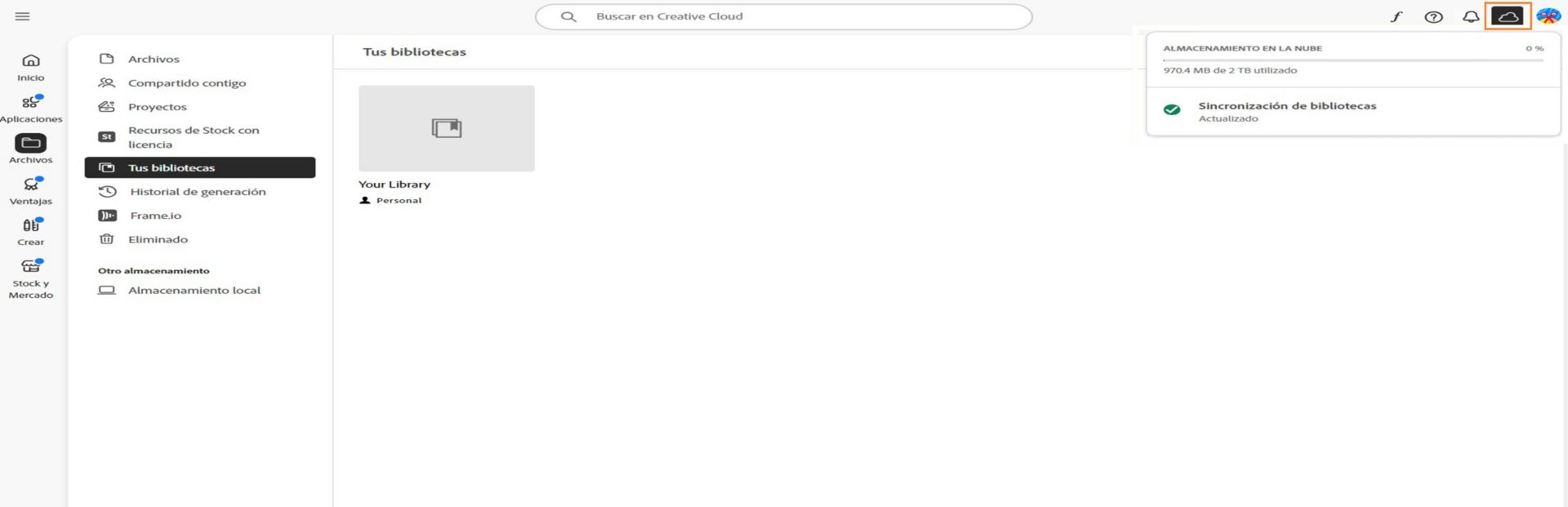El gráfico de progreso del almacenamiento en la nube muestra los detalles de tu almacenamiento cuando seleccionas el icono de actividad de la nube en la esquina superior izquierda de la aplicación de Creative Cloud.