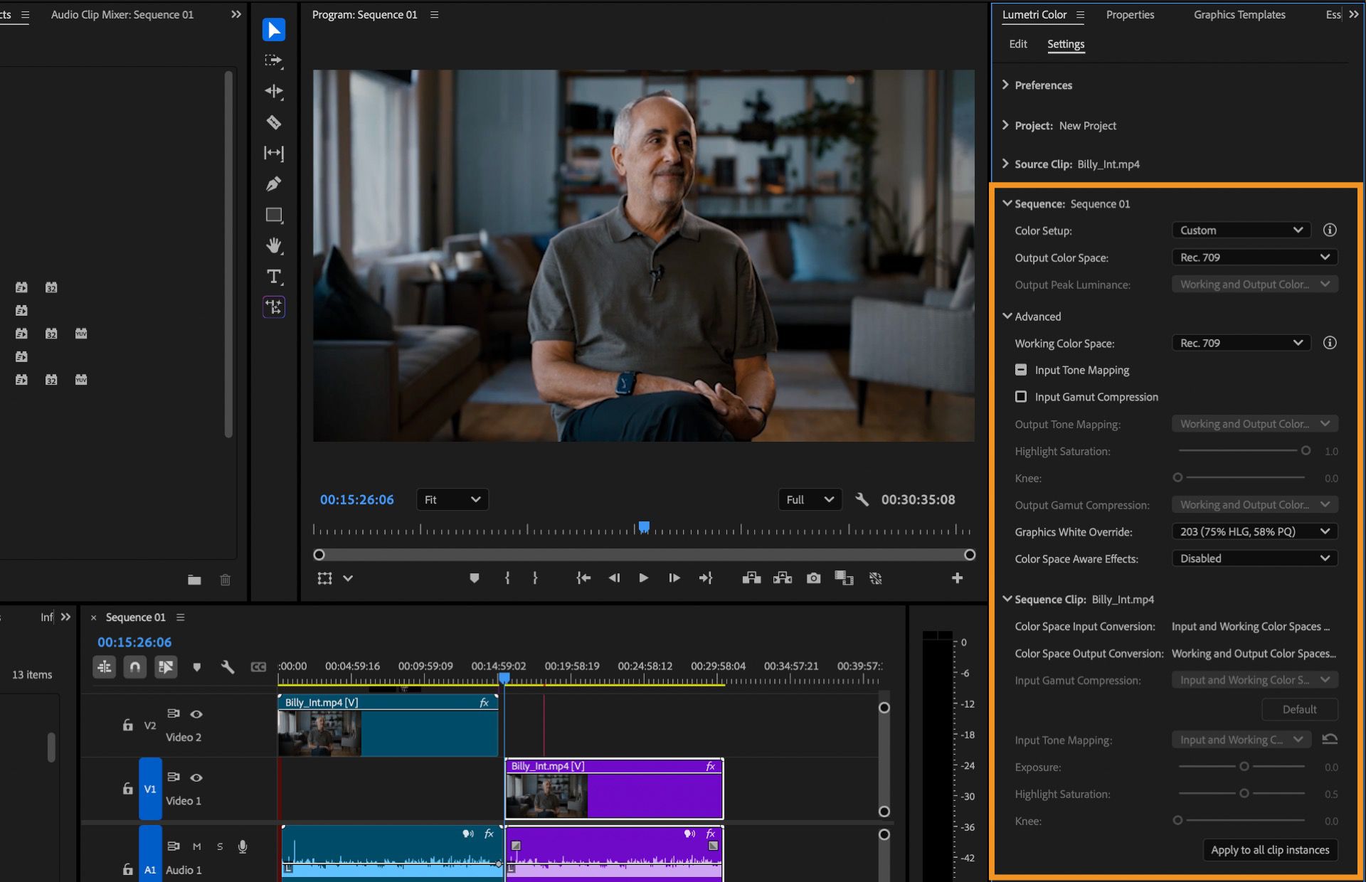L'interfaccia di Premiere Pro mostra le impostazioni di gestione colore per una sequenza e la clip selezionata nel pannello Lumetri Color.