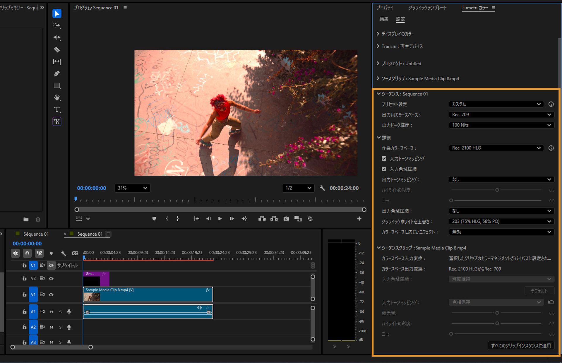 Lumetri カラーパネルでシーケンスと選択したクリップのカラーマネジメント設定を表示する Premiere Pro インターフェイス。