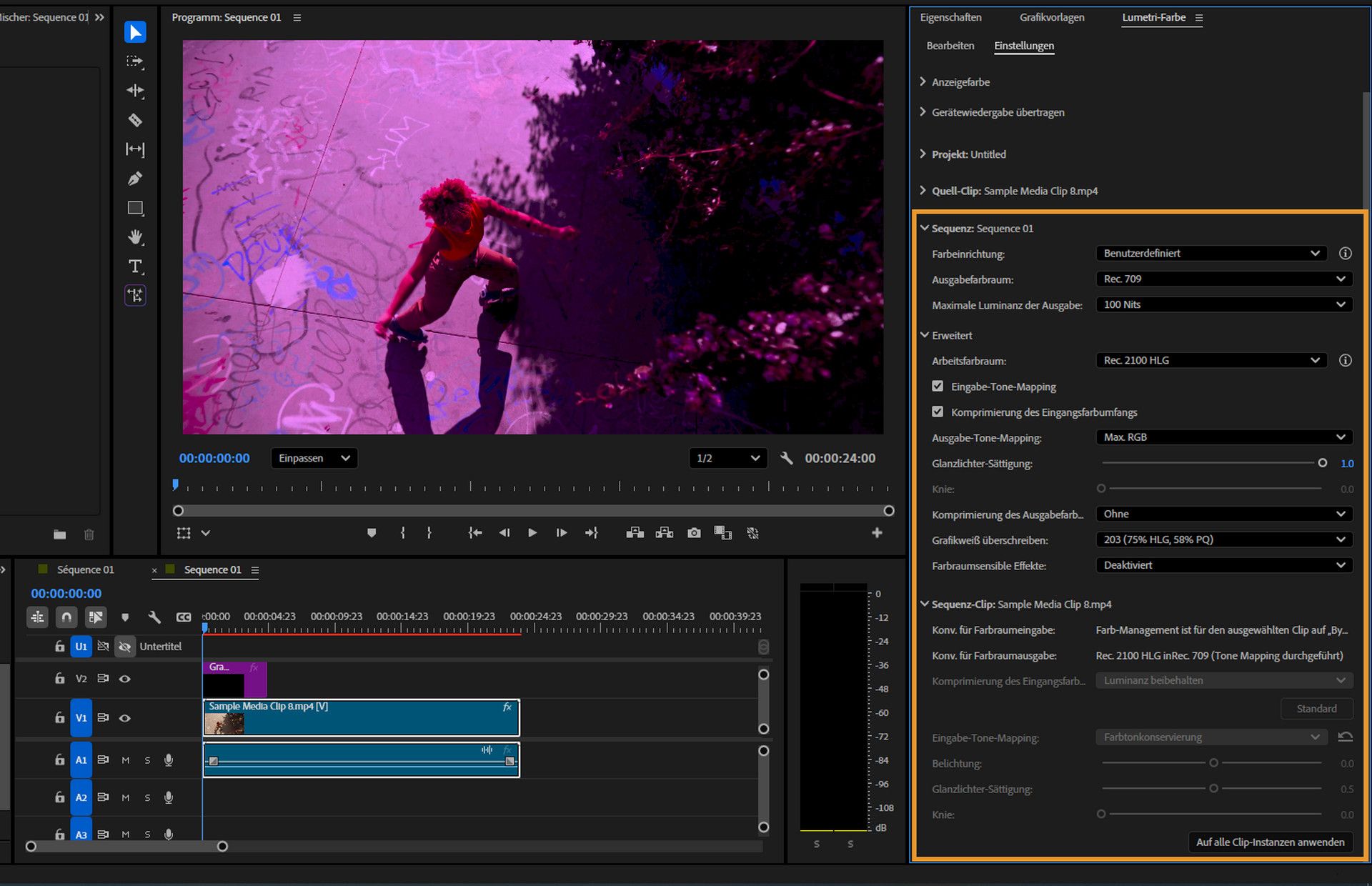 Premiere Pro-Oberfläche mit Einstellungen zum Farb-Management für eine Sequenz und einen ausgewählten Clip im Bedienfeld „Lumetri-Farbe“.