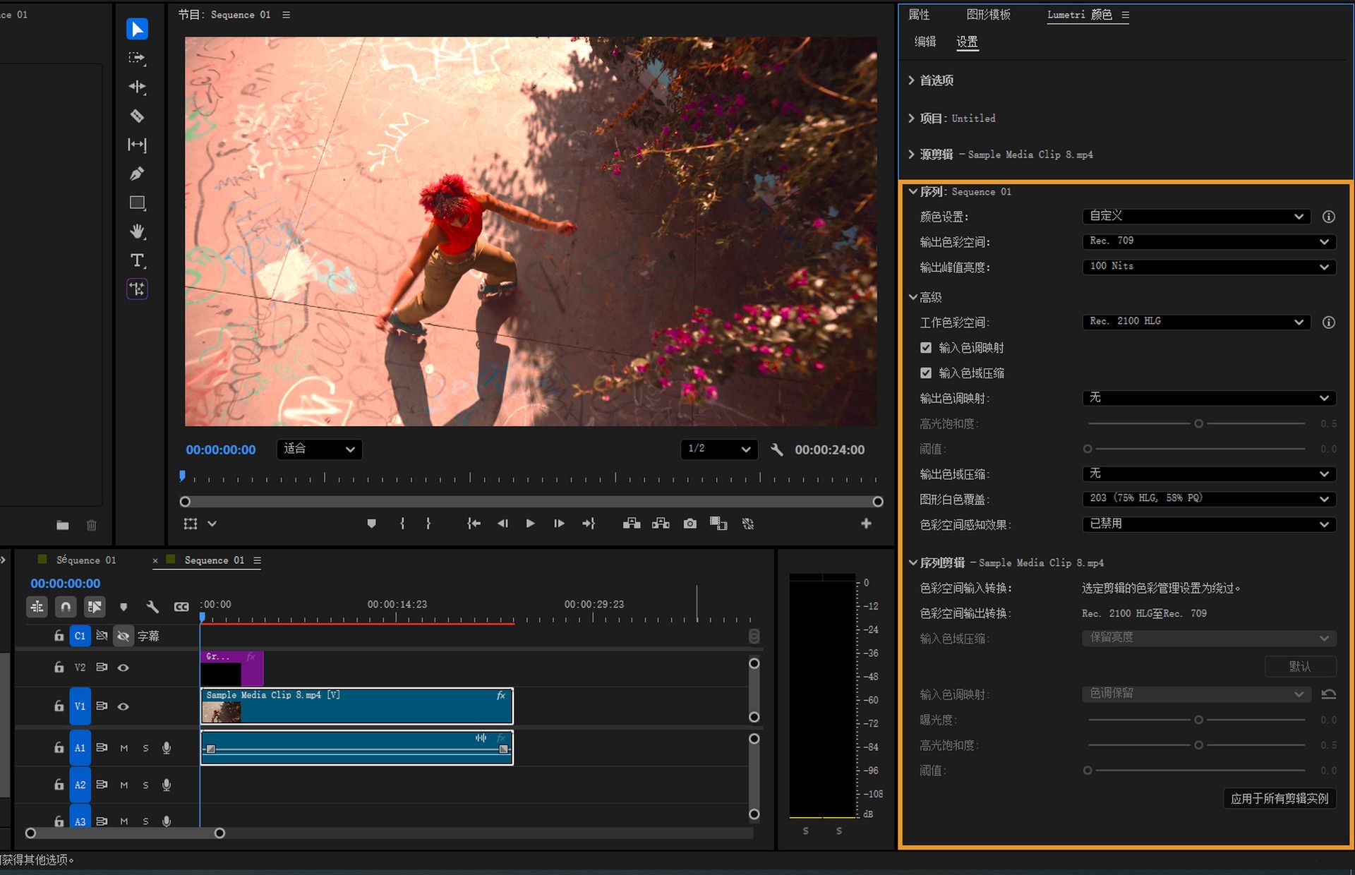 Premiere Pro 界面显示“Lumetri 颜色”面板中序列和选定剪辑的色彩管理设置。