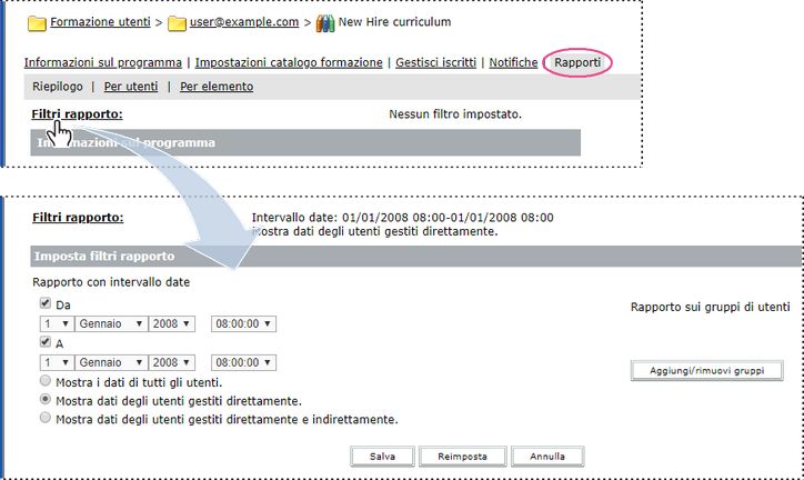 Opzione per impostare i filtri rapporto per un programma