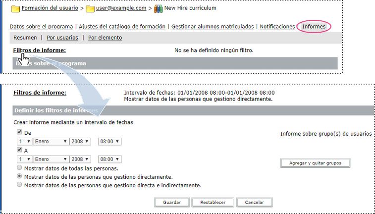 La opción Definir los filtros de informes para un programa.