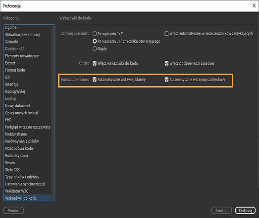 Ustawianie preferencji wskazówek do kodu