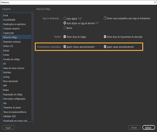 Definir preferências de dicas de código