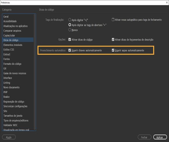 Definir preferências de dicas de código