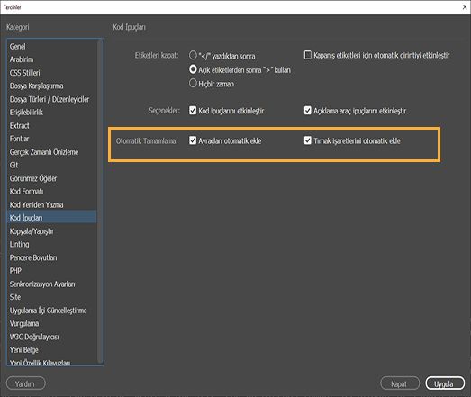 Kod ipucu tercihlerini ayarlama