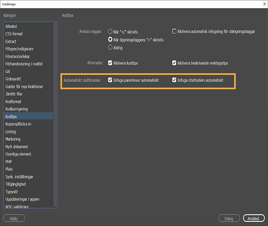Ange inställningar för kodtips