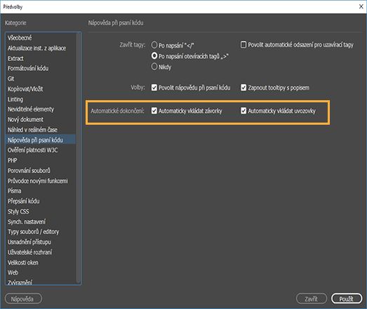 Nastavení předvoleb pro našeptávání kódu