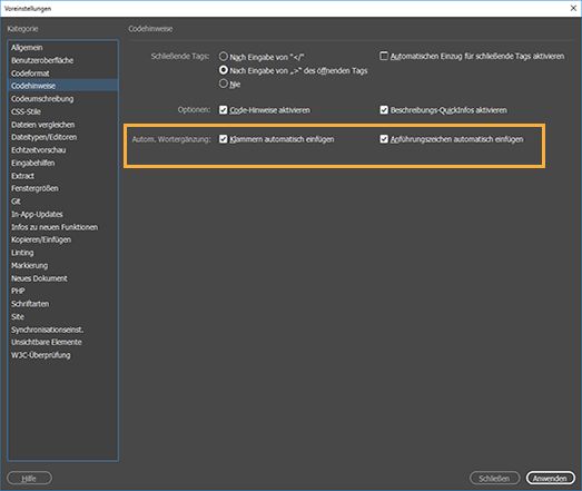 Einstellungen für Codehinweise festlegen