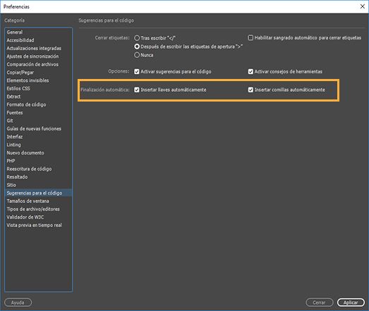 Configuración de las preferencias de sugerencias de código