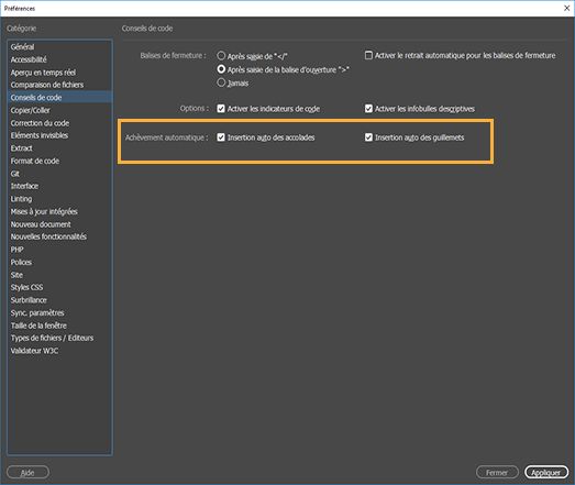 Définition des préférences de conseils de code