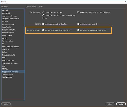Impostare le preferenze Suggerimenti codice
