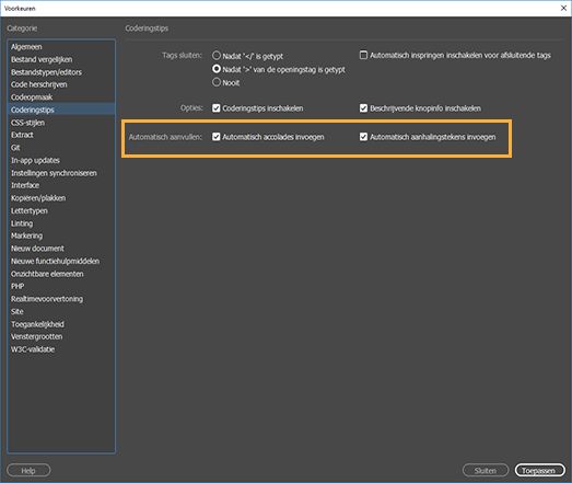 Voorkeuren voor coderingstips instellen