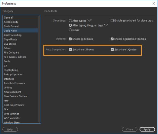 تعيين تفضيلات تلميحات التعليمات البرمجية