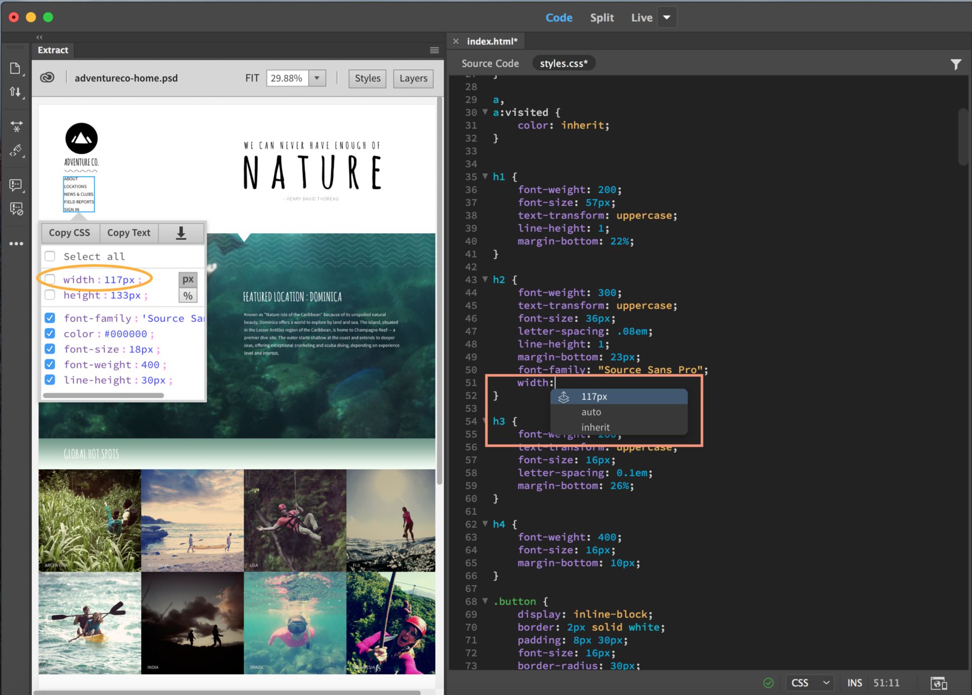 تلميحات التعليمات البرمجية مع خاصية CSS لعنصر في ملف PSD