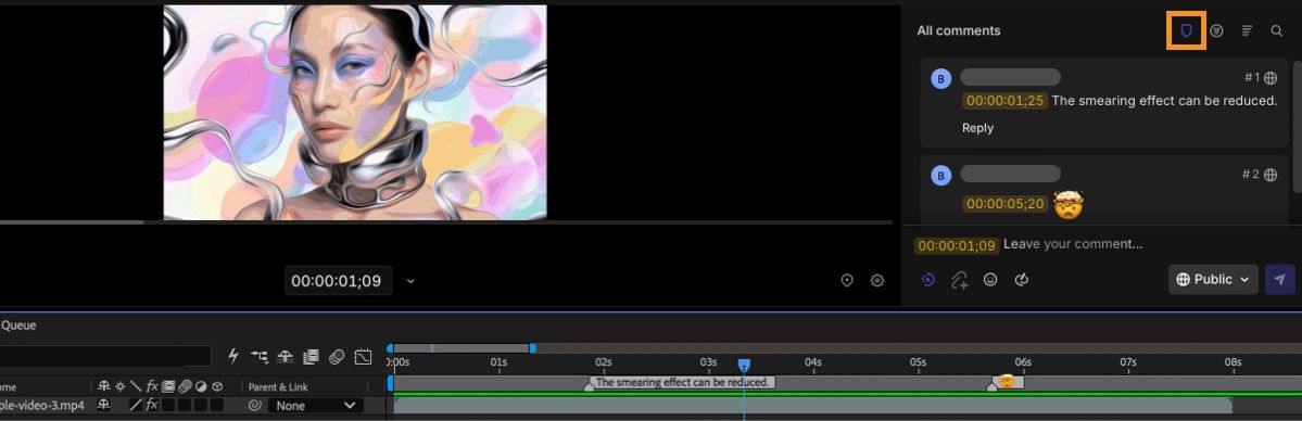 Frame.io 패널에서 강조 표시된 댓글 마커 아이콘과 After Effects 타임라인에 표시된 일치하는 댓글 마커입니다.