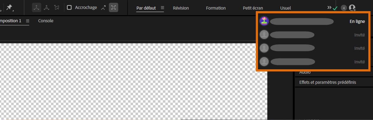 Panneau Team Projects montrant les utilisateurs collaborateurs avec le statut En ligne, Hors ligne et Invité.