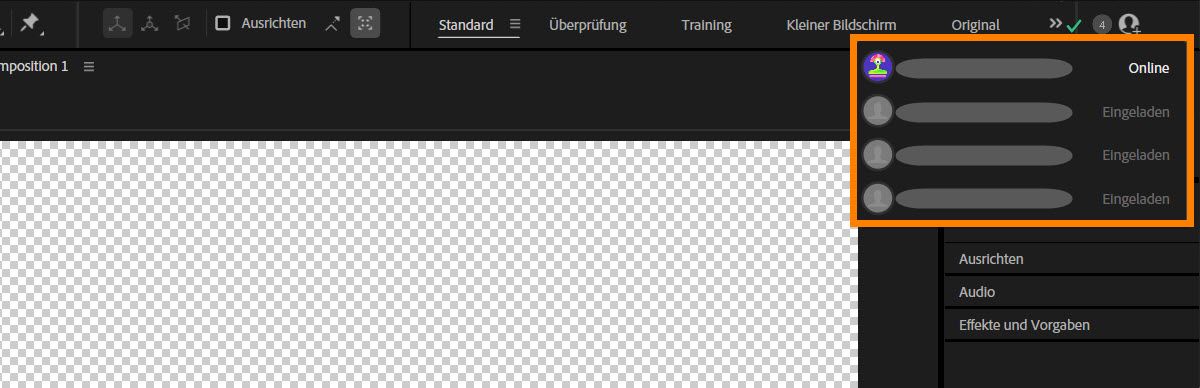 Team Projects-Bedienfeld mit mitwirkenden Personen mit Status Online, Offline und Eingeladen.