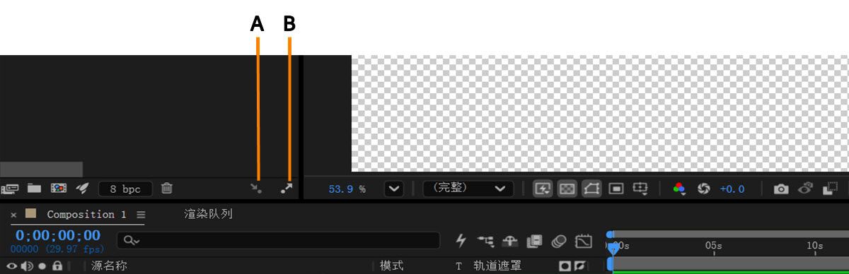 合成面板工具栏，其中标注 A 和 B 分别指示两个同步选项。