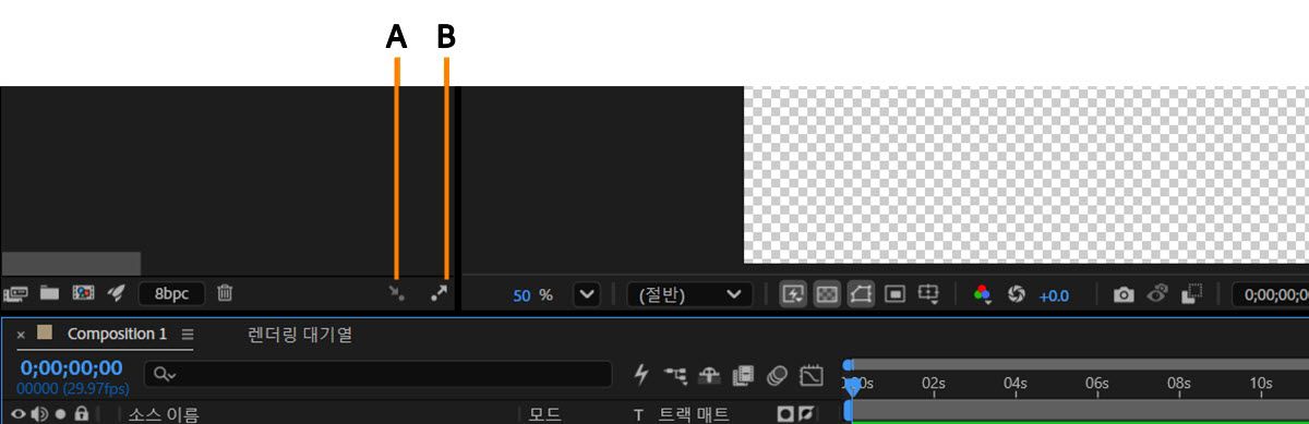 두 개의 동기화 옵션을 표시하는 설명선 A와 B가 있는 컴포지션 패널 도구 모음.