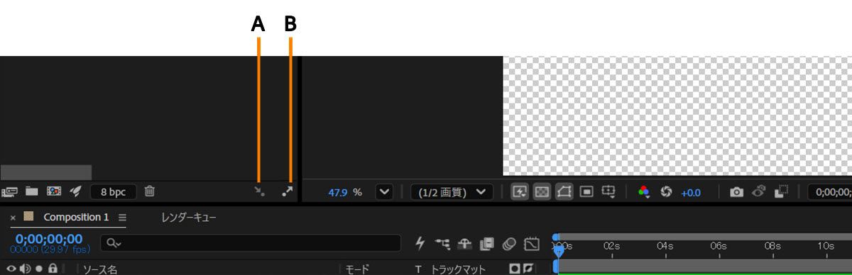 2 つの同期オプションをマークするコールアウト A と B が付いたコンポジションパネルツールバー。