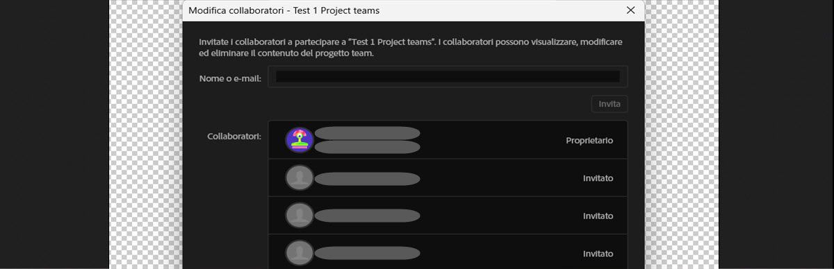 Finestra di dialogo Modifica collaboratori con un campo Nome o E-mail per invitare collaboratori, che mostra i collaboratori esistenti elencati come Proprietario o Invitato.