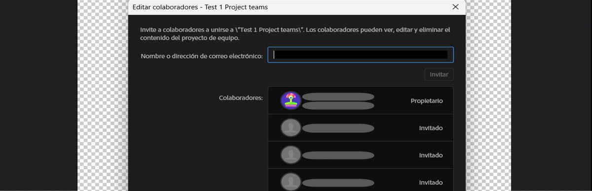 Cuadro de diálogo Editar colaboradores con un campo Nombre o Correo electrónico para invitar a colaboradores, que muestra colaboradores existentes como Propietario o Invitado.