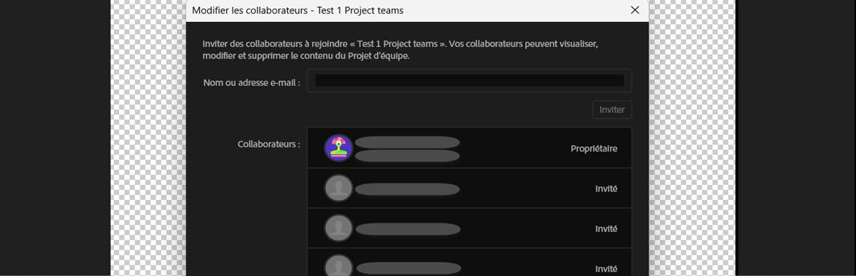 Boîte de dialogue Modifier les utilisateurs collaborateurs avec un champ Nom ou E-mail pour inviter des utilisateurs collaborateurs, montrant les utilisateurs collaborateurs existants répertoriés comme Propriétaire ou Invité.
