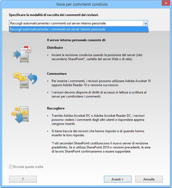Raccogliere i commenti su un'opzione server interna