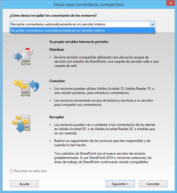 Opción Recopilar comentarios en un servidor interno