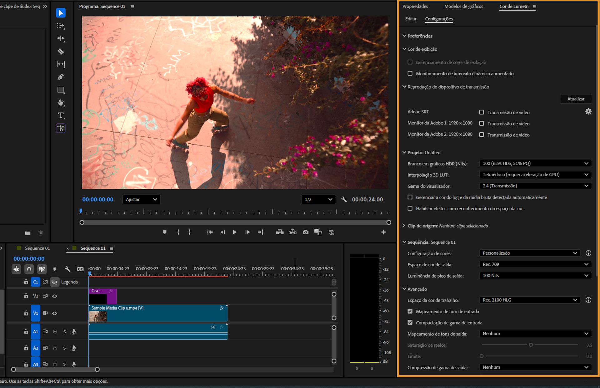 Interface do Premiere Pro, mostrando o painel “Cor de Lumetri” aberto na guia “Configurações”, onde os usuários podem gerenciar a cor de exibição, configurações de HDR, interpolação de LUT e opções de espaço de cores para clipes e sequências.